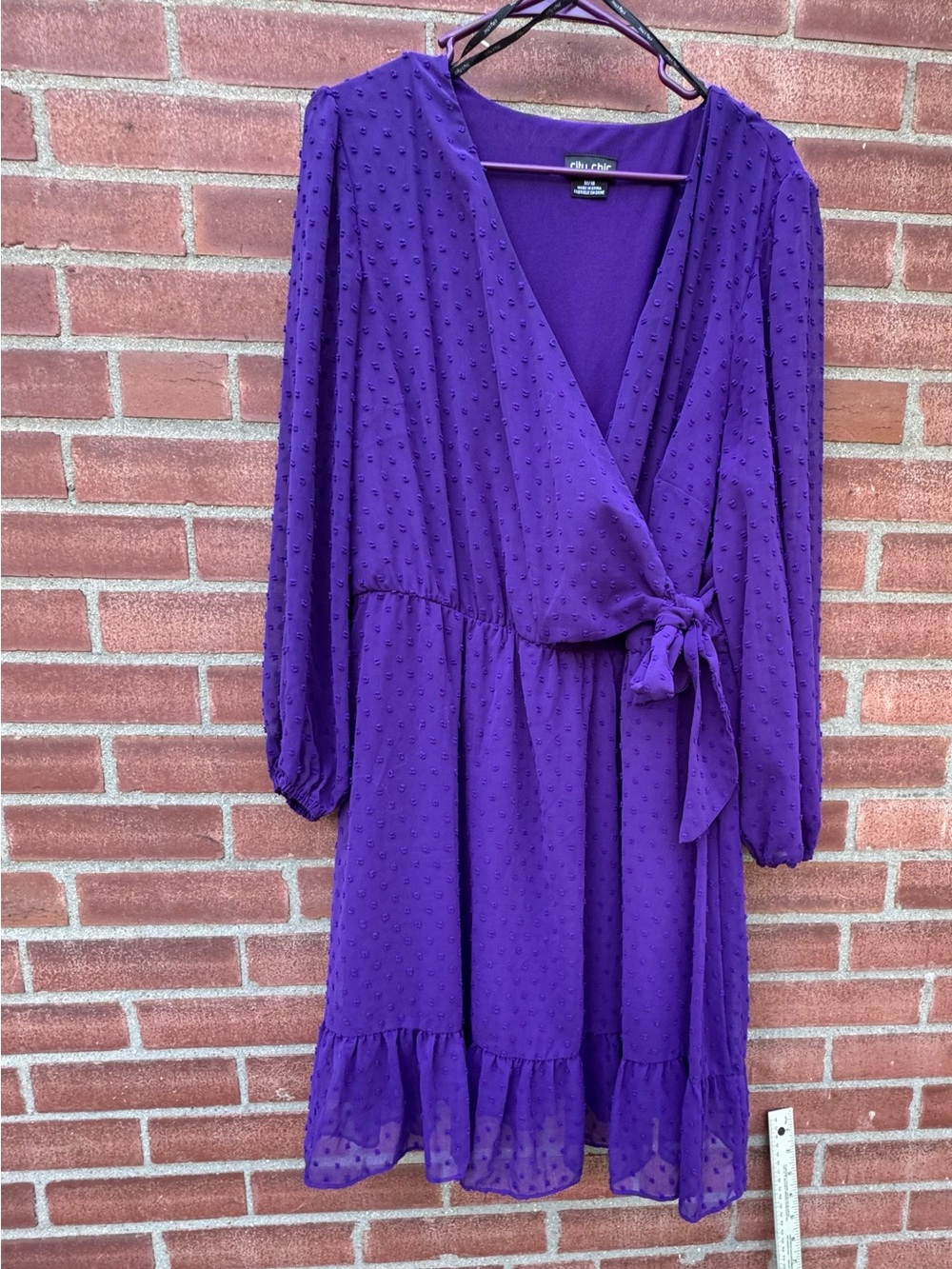City Chic Purple Swiss Dot Faux Wrap Midi Dress Plus 18 M Balloon Sleeve